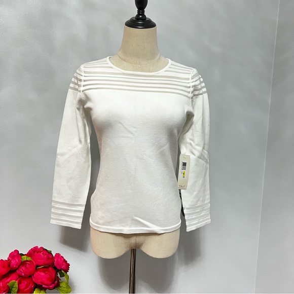 Eliza J Ivory Mesh Insert 3/4 Sleeves Knit Top- New With Tag - Size Medium - Picture 8 of 14